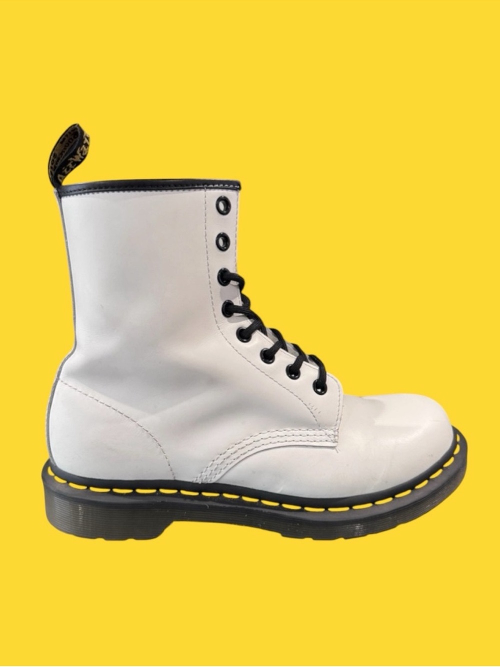 Dr. Martens White Leather Lace-Up Combat Boot with Black Trim